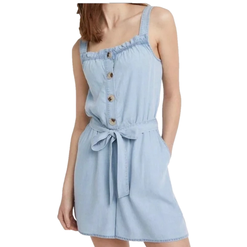 Reitman’s Plus Size 2X Light Blue Shorty Tank Romper With Tie Belt